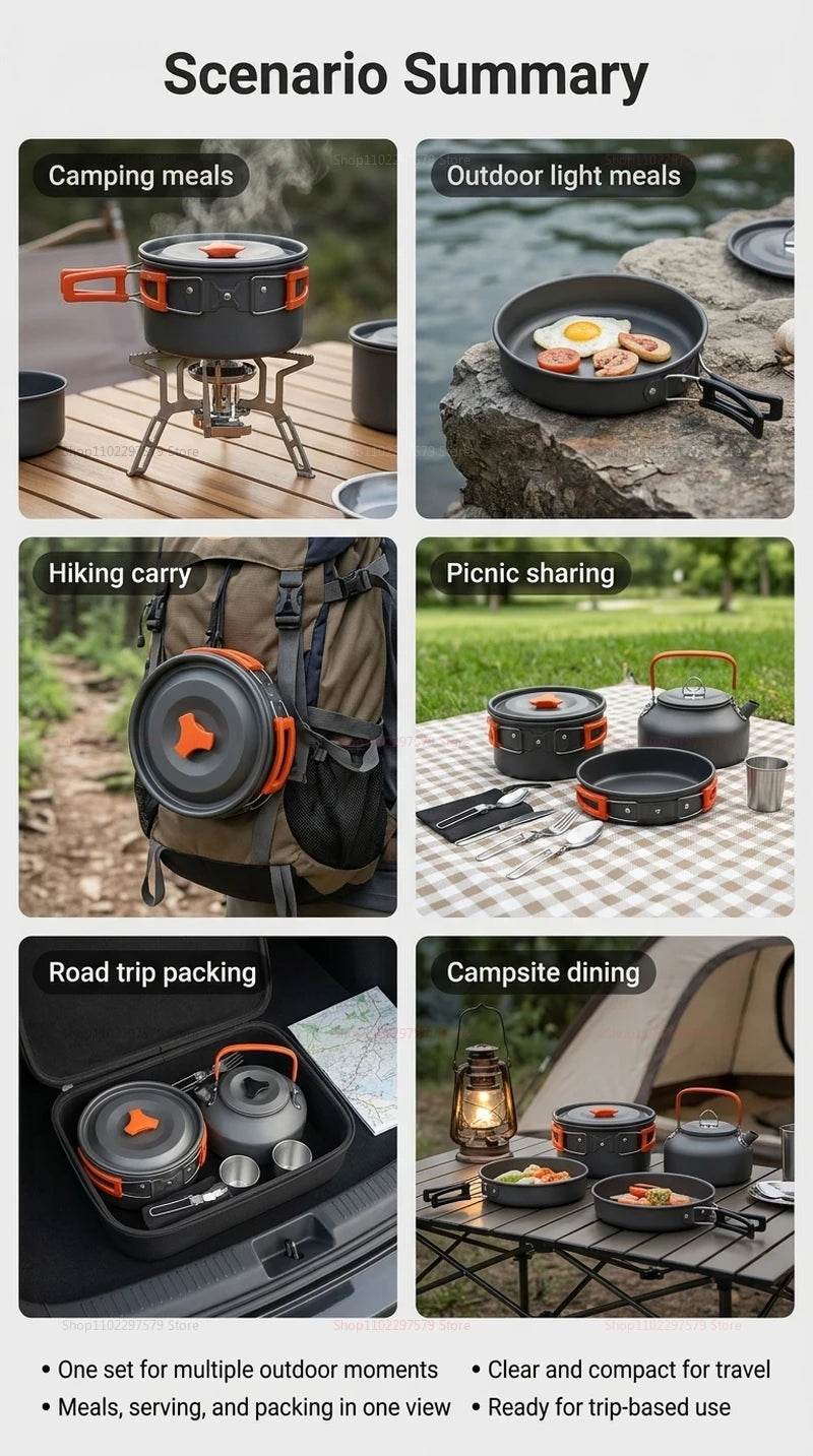 Outdoor cooking kit Portable tableware Lightweight cooking utensils Suitable for hiking, backpacking, picnics and travel use