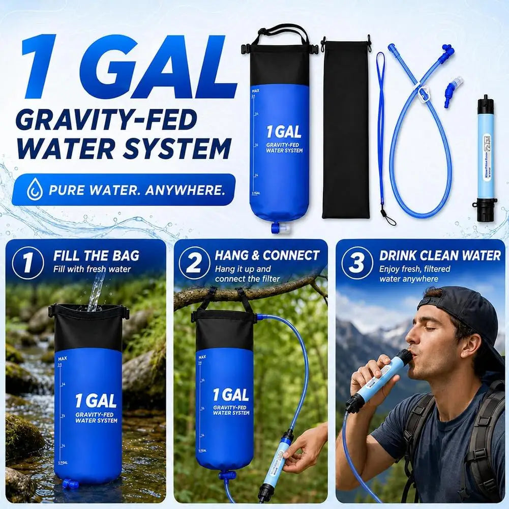 Camping Gravity Water Bag With Water Filter And Hose Folding Water Filter Straw Water Bag Filtering Bucket Bag Survival Gear