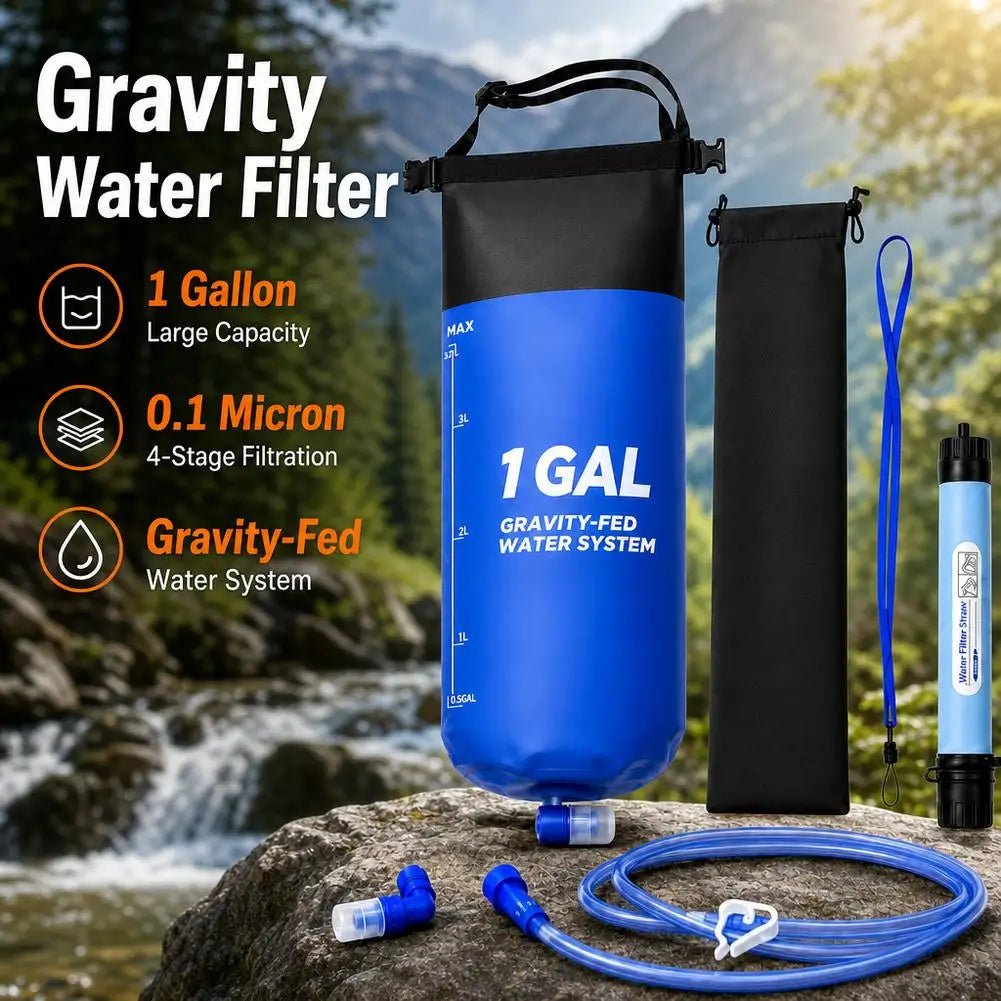 Camping Gravity Water Bag With Water Filter And Hose Folding Water Filter Straw Water Bag Filtering Bucket Bag Survival Gear