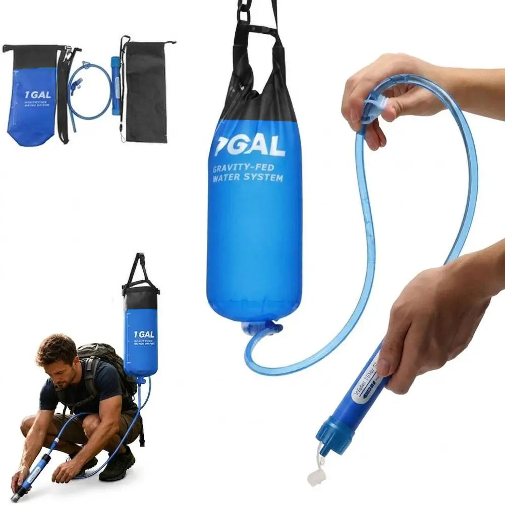 Camping Gravity Water Bag With Water Filter And Hose Folding Water Filter Straw Water Bag Filtering Bucket Bag Survival Gear