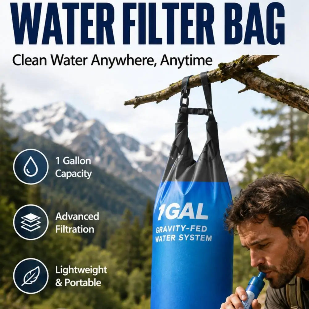 Camping Gravity Water Bag With Water Filter And Hose Folding Water Filter Straw Water Bag Filtering Bucket Bag Survival Gear